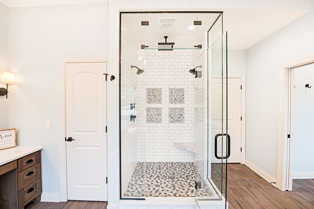 Bathroom Glass Shower With Door Tile Two Shower Heads Stock Photo